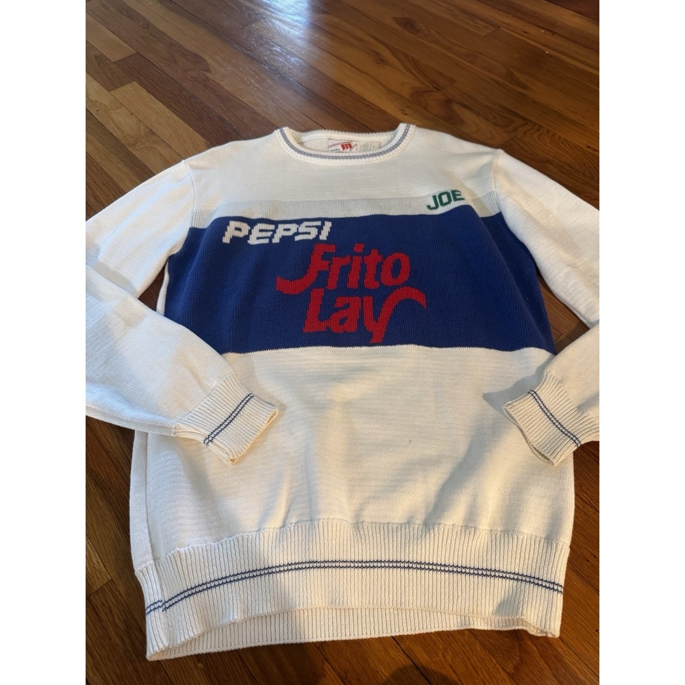 Vintage Men's Pepsi Frito Lay Knit Sweater Blue White 3‎ Strikes L USA Made